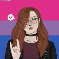 A pale chubby woman with long auburn hair, freckles, glasses, and punk clothes. She is throwing the horns. Behind her is the bi pride flag, and a speech bubble containing a heart is next to her head.